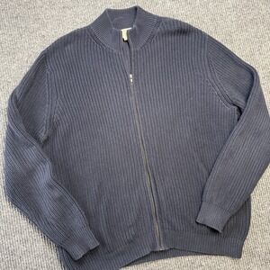 LL Bean Sweater Mens XL Navy Blue Chunky Knit Cotton Full Zip Cardigan Jacket